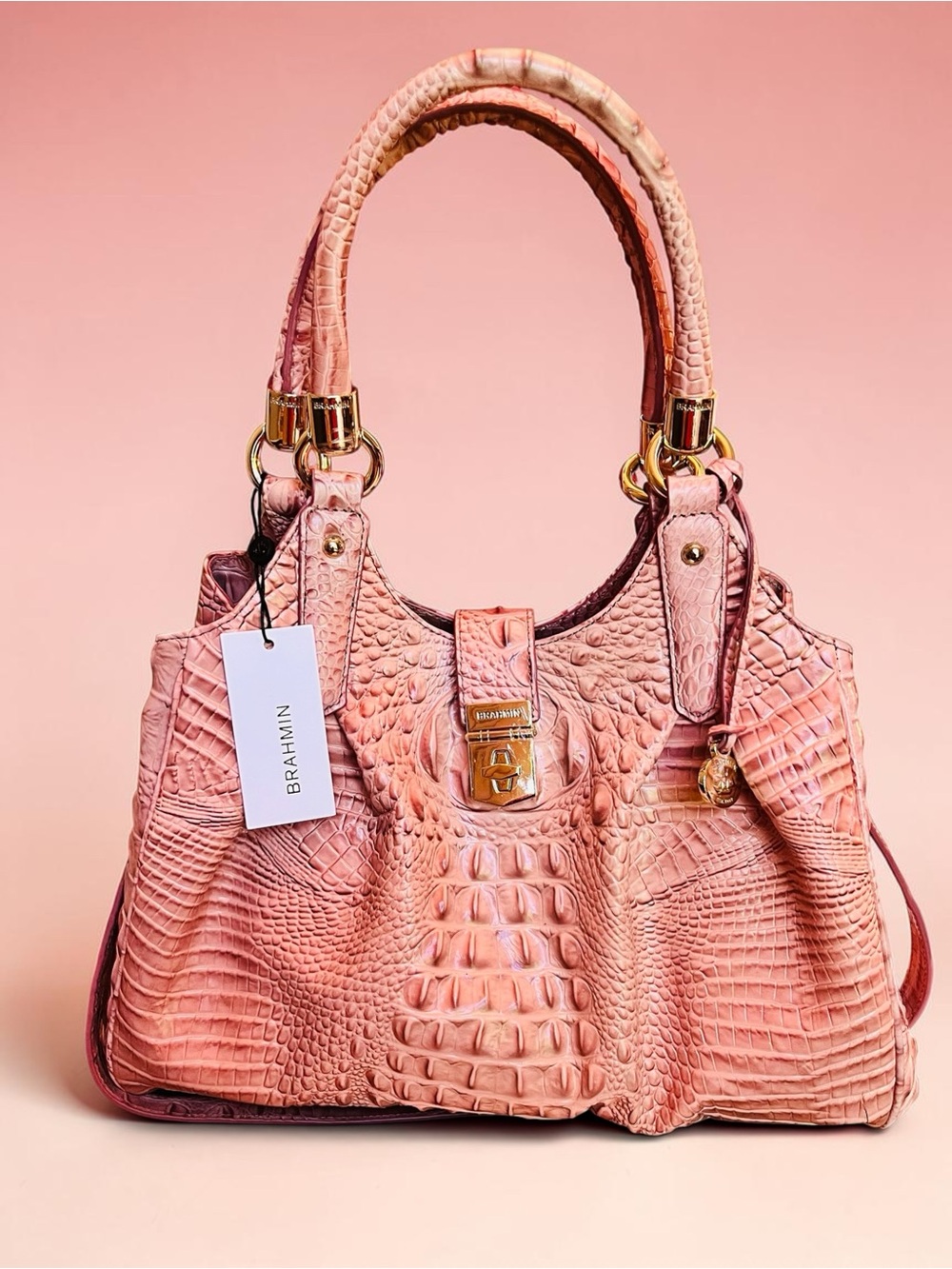 Brahmin Elisa Marquis Melbourne Croc Embossed Genuine Leather Pink Satchel (NWT)